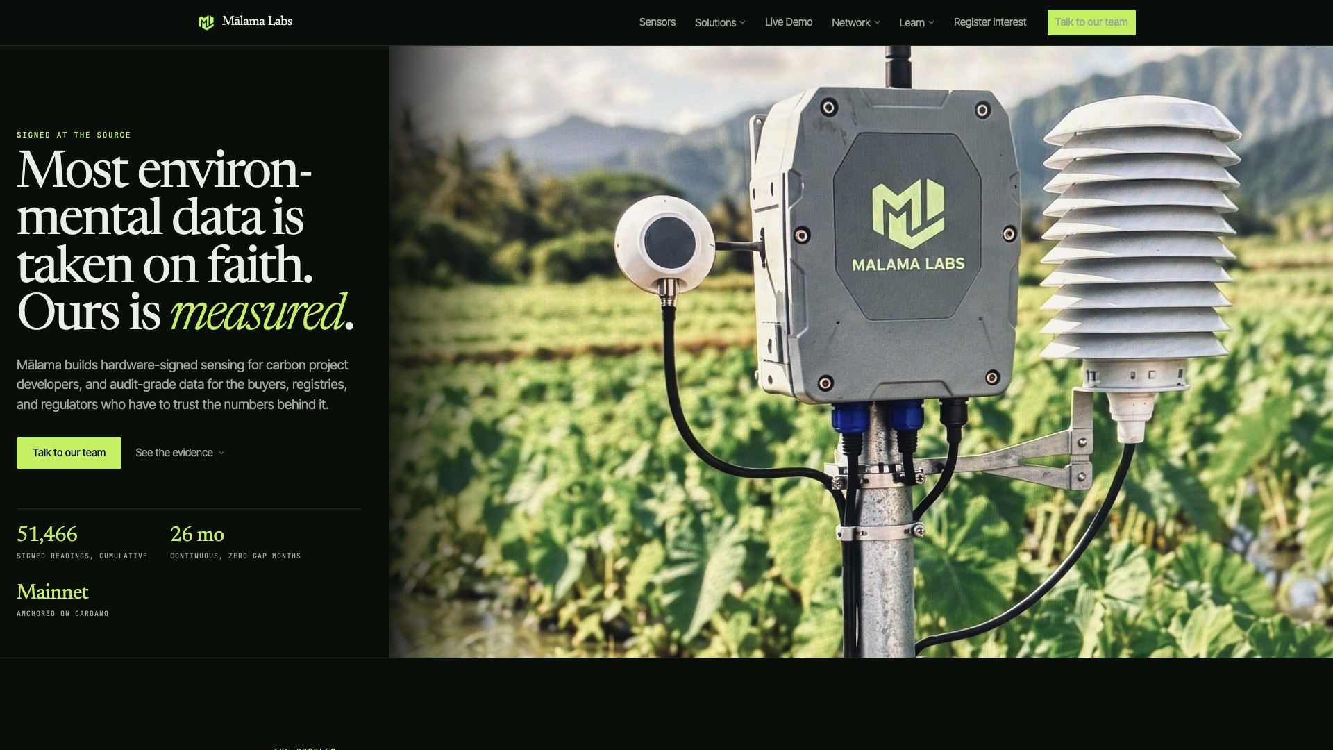 Mālama Labs homepage showing its environmental sensor and published signed-reading metrics.
