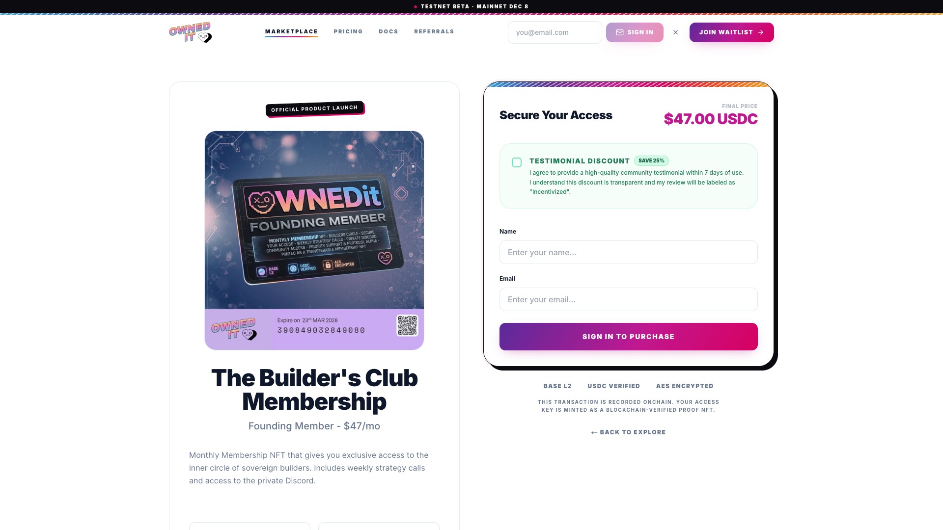 OWNED IT testnet checkout showing the Builder’s Club membership and USDC payment form.